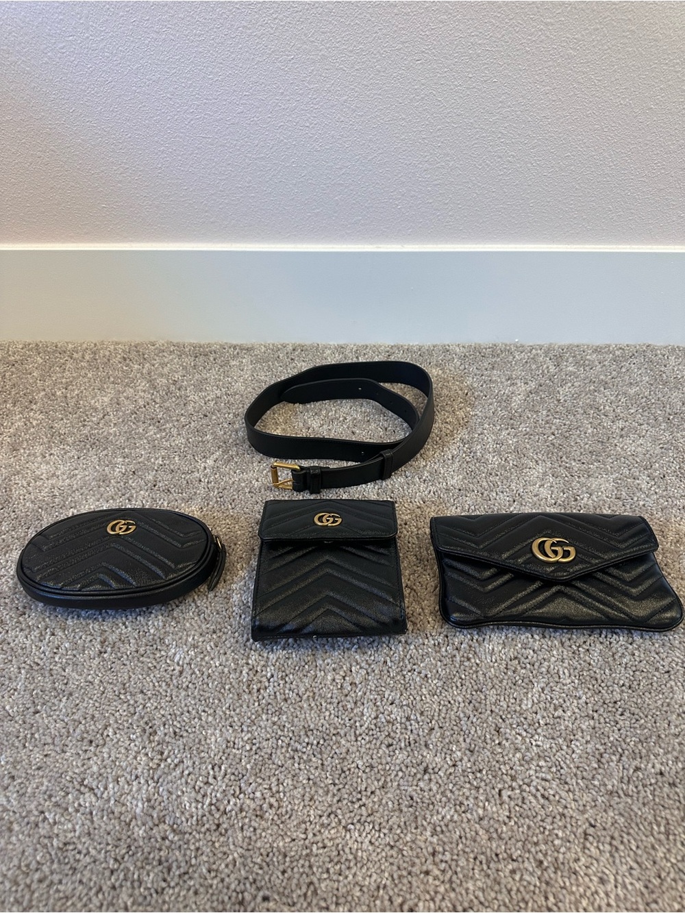 Gucci Black Matelassé Calfskin GG Marmont Triple Pouch Belt Bag -Size 85 - 34 - Picture 3 of 14